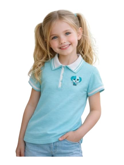 Gini and Jony Girls Turquoise Applique Cotton Polo Top Half Sleeves