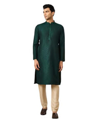 Manyavar Men's Art Silk Self-Textured Knee-Length Kurta Pyjama Set