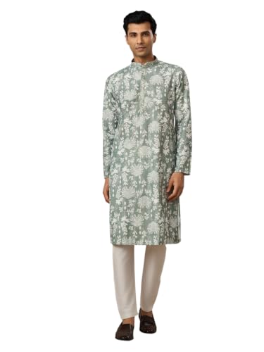 Manyavar Men's Cotton Blend Floral Print Full Sleeves Long Kurta Pyjama Set
