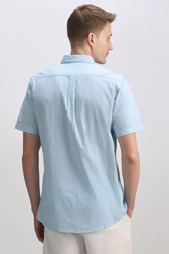 Men Light Blue Custom Fit Stripe Half Sleeves Casual Shirt