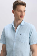 Men Light Blue Custom Fit Stripe Half Sleeves Casual Shirt