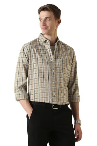 Men Beige Classic Fit Check Full Sleeves Casual Shirt