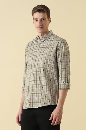 Men Beige Classic Fit Check Full Sleeves Casual Shirt