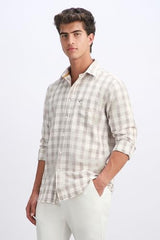 Men Beige Classic Fit Check Full Sleeves Casual Shirt
