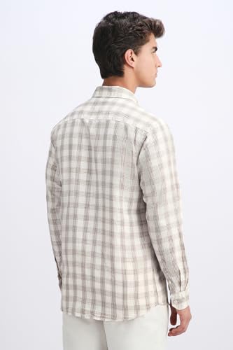 Men Beige Classic Fit Check Full Sleeves Casual Shirt