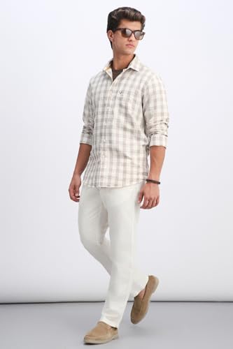 Men Beige Classic Fit Check Full Sleeves Casual Shirt