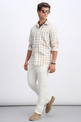 Men Beige Classic Fit Check Full Sleeves Casual Shirt