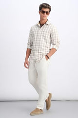 Men Beige Classic Fit Check Full Sleeves Casual Shirt