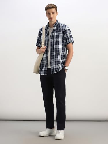 Men Navy Classic Fit Check Half Sleeves Casual Shirt