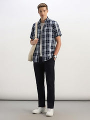 Men Navy Classic Fit Check Half Sleeves Casual Shirt