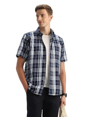 Men Navy Classic Fit Check Half Sleeves Casual Shirt