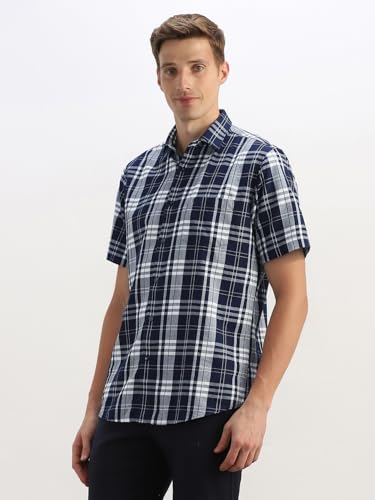 Men Navy Classic Fit Check Half Sleeves Casual Shirt