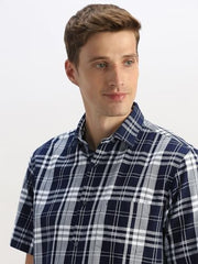 Men Navy Classic Fit Check Half Sleeves Casual Shirt
