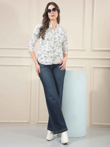 Crimsoune Club Women's White Floral Print V-Neck Linen Shirt