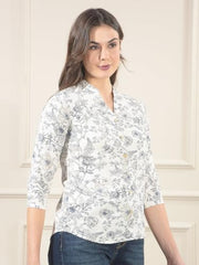 Crimsoune Club Women's White Floral Print V-Neck Linen Shirt