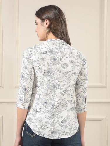 Crimsoune Club Women's White Floral Print V-Neck Linen Shirt