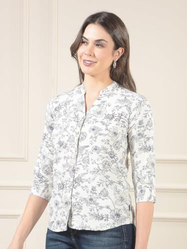 Crimsoune Club Women's White Floral Print V-Neck Linen Shirt