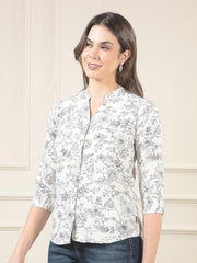 Crimsoune Club Women's White Floral Print V-Neck Linen Shirt
