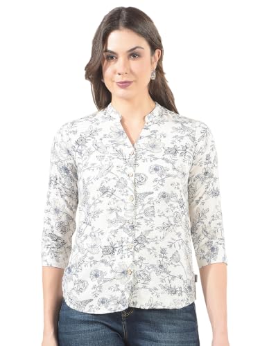 Crimsoune Club Women's White Floral Print V-Neck Linen Shirt