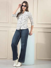 Crimsoune Club Women's White Floral Print V-Neck Linen Shirt