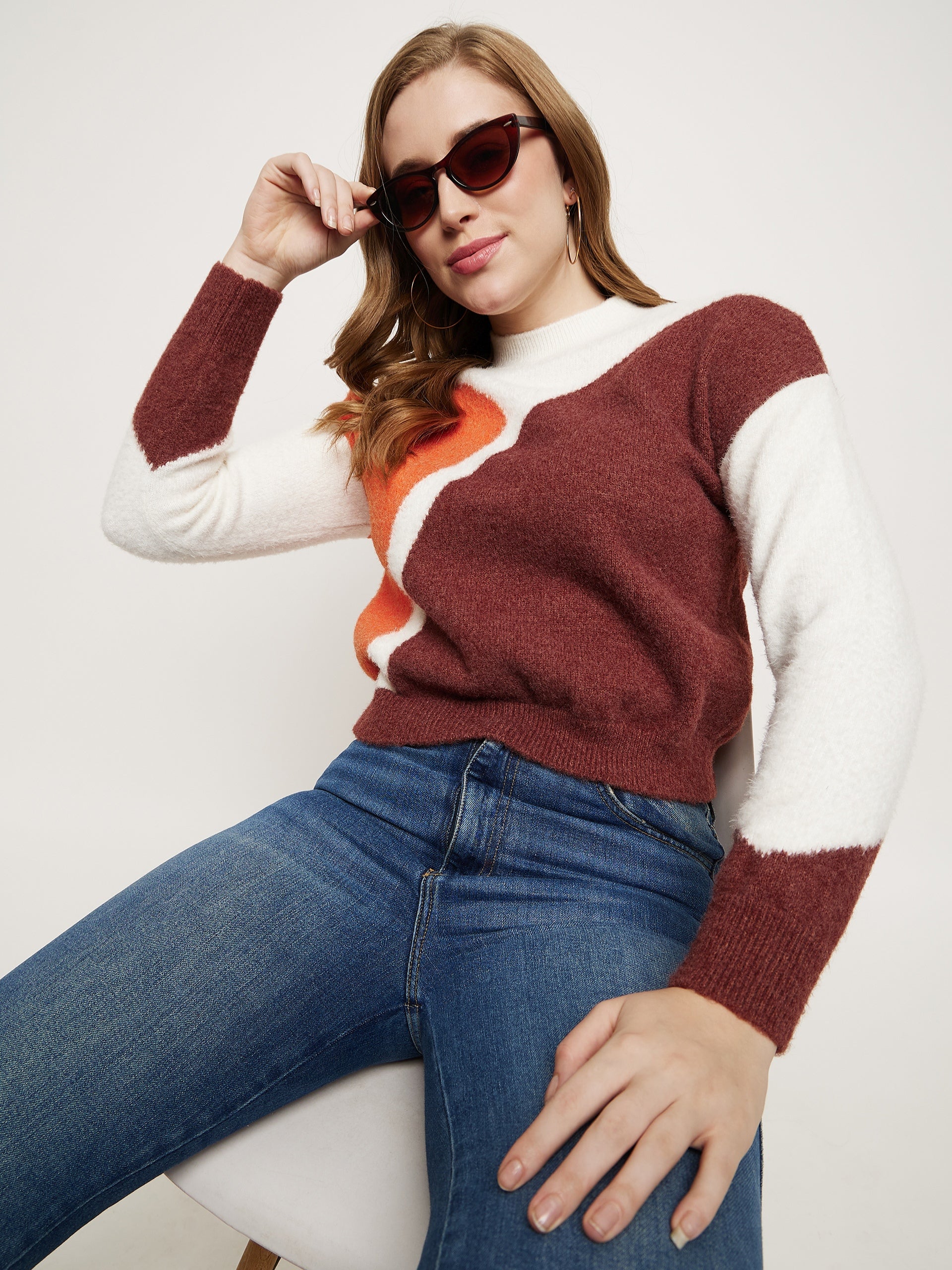Madame Brown Colourblocked Round Neck Sweater