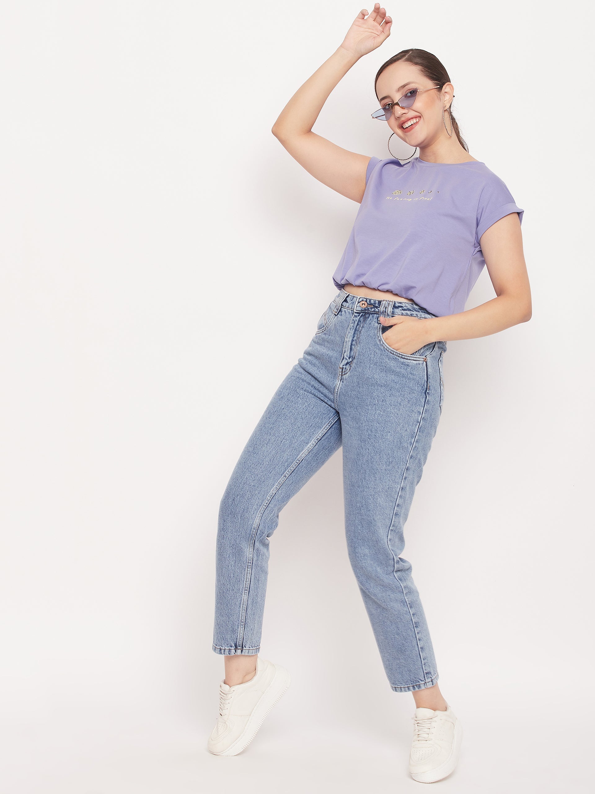 Madame Solid Violet Typography Cuffed Half Sleeves Elasticated Waist Top