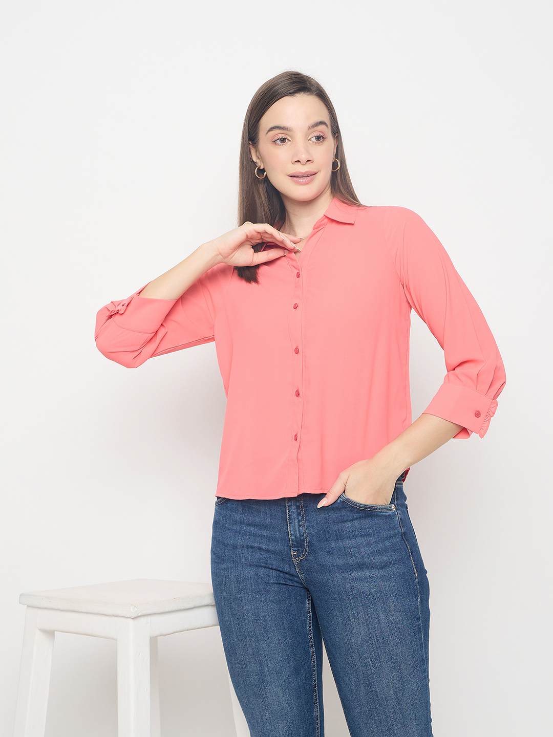 Madame Solid Cuff Sleeve Coral Shirt