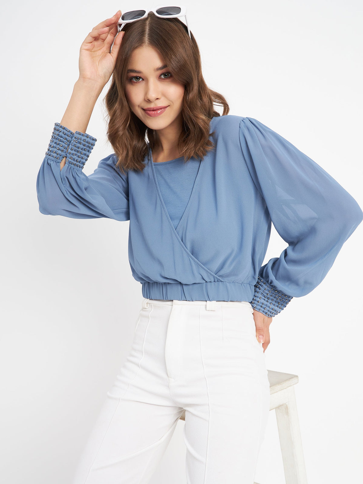 Madame Elasticated Hem Blue Wrap Crop Top