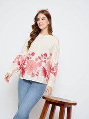Madame Floral Print Rayon Blend Beige Top