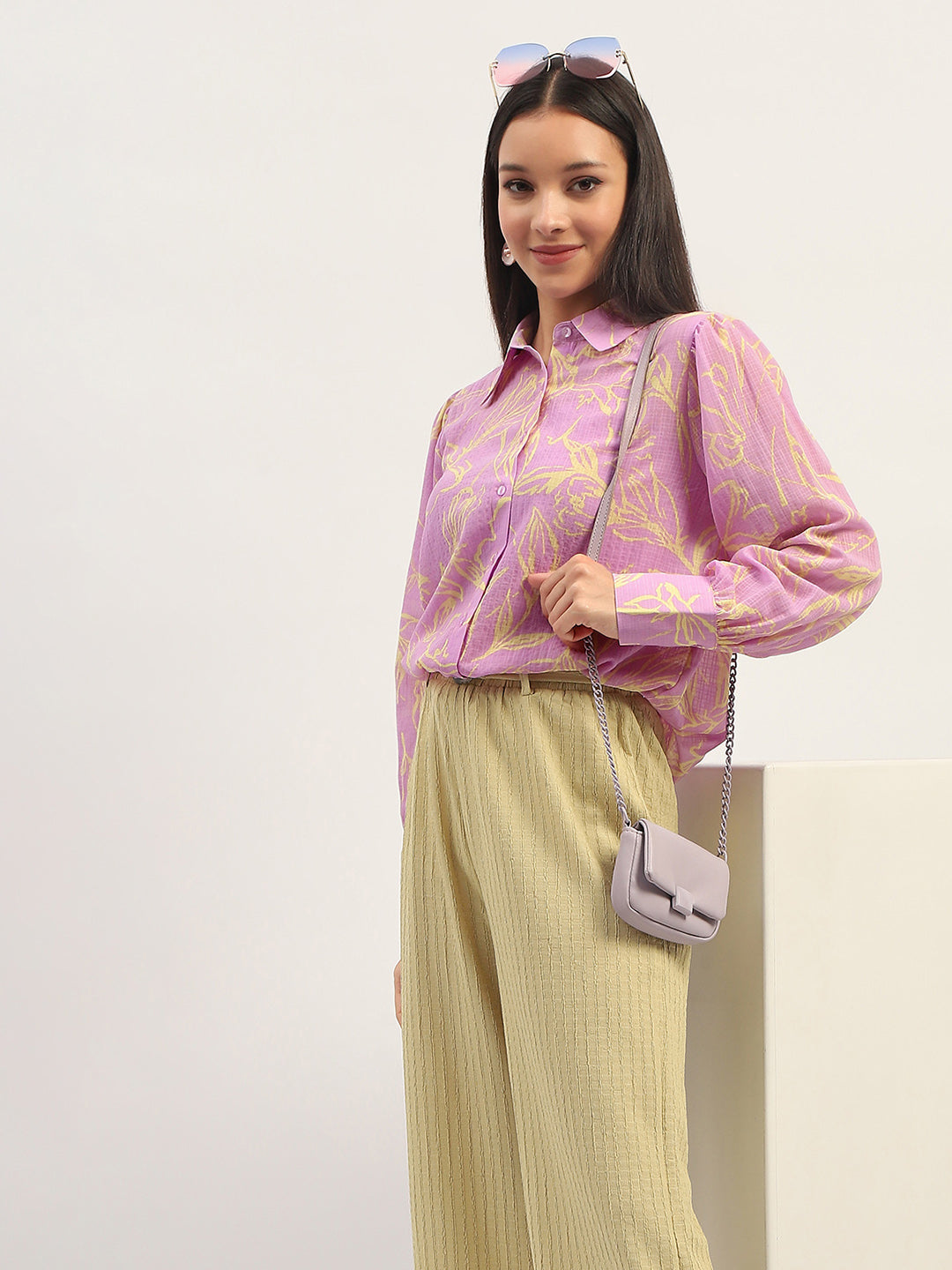 Madame Floral Print Bishop Sleeve Lilac Shirt