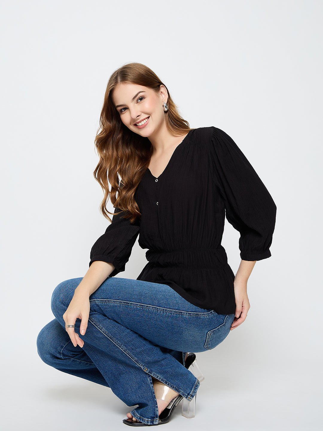 Madame Solid Rayon Blend Black Peplum Top