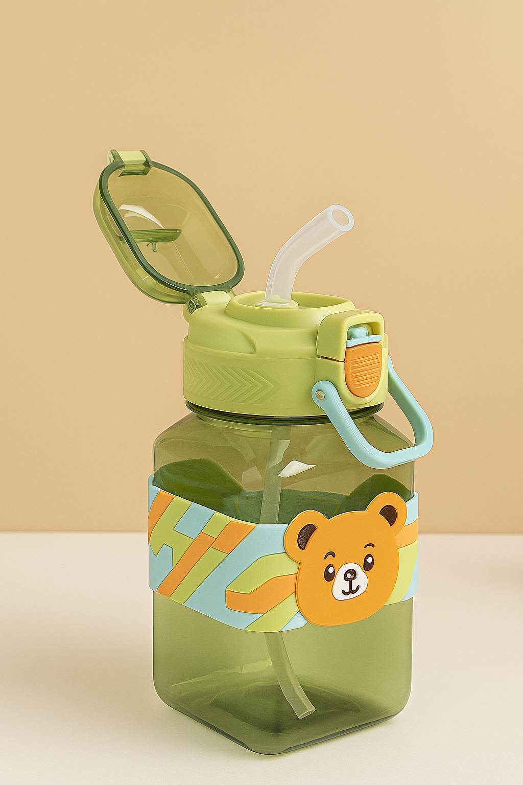 Cute Bear Design Kids Water Bottle With Straw – Leak-Proof Bpa-Free Bottle (Green & Orange)