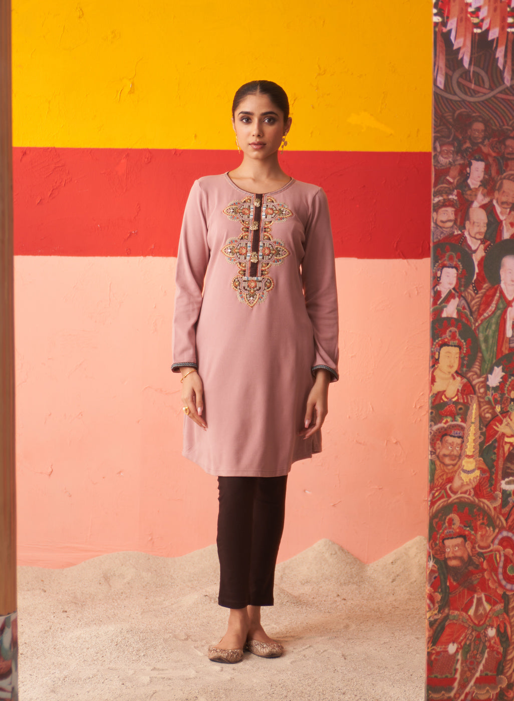 Beige Thread Work Woollen Kurti For Women With Brooch