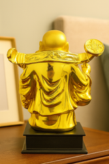 Golden Happy Laughing Buddha Statue with Ruyi & Coins