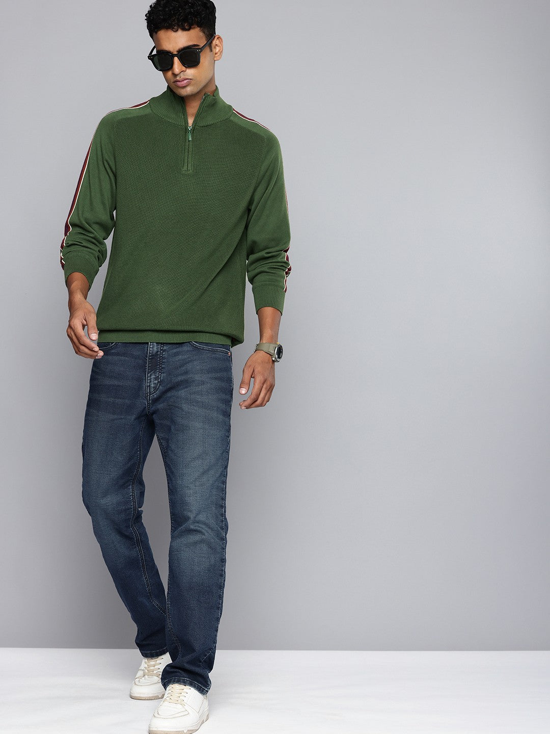 Men'S Striped Green High Neck Sweater
