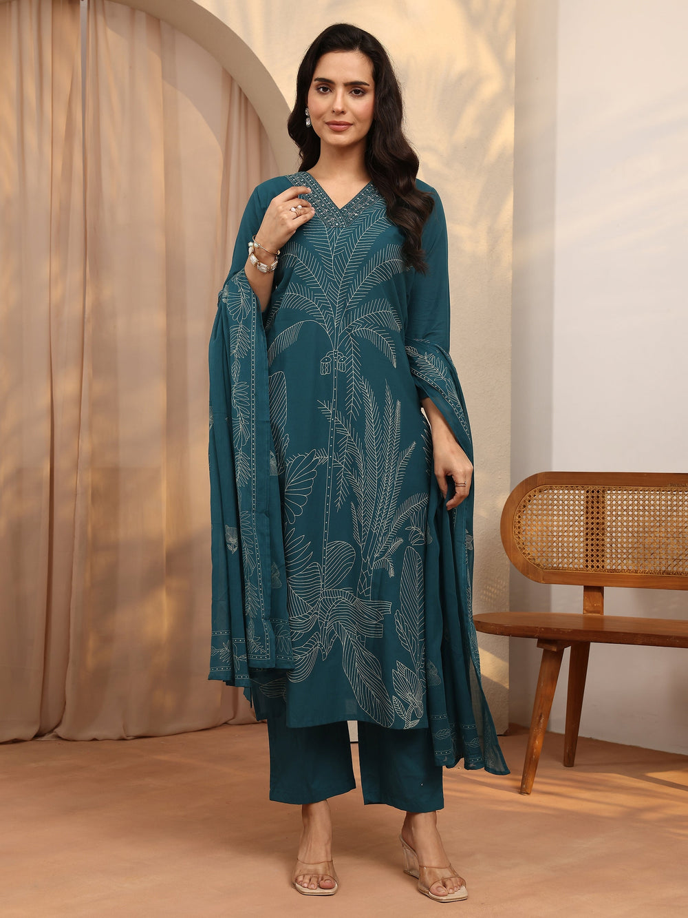 Libas ladies teal western kurti 2-piece set, stylish and comfortable ethnic wear for women, with intricate designs and modern fit.