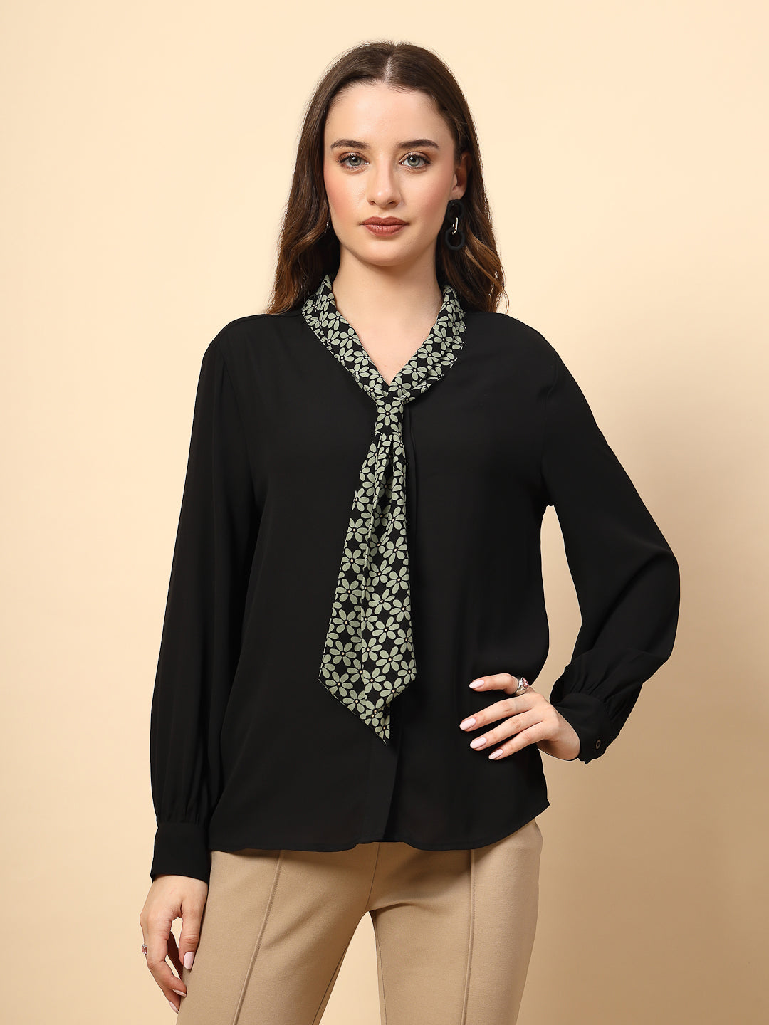 Black Polyester Top With Front Polyester Shine Button And Collar Print Tie