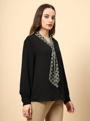 Black Polyester Top With Front Polyester Shine Button And Collar Print Tie