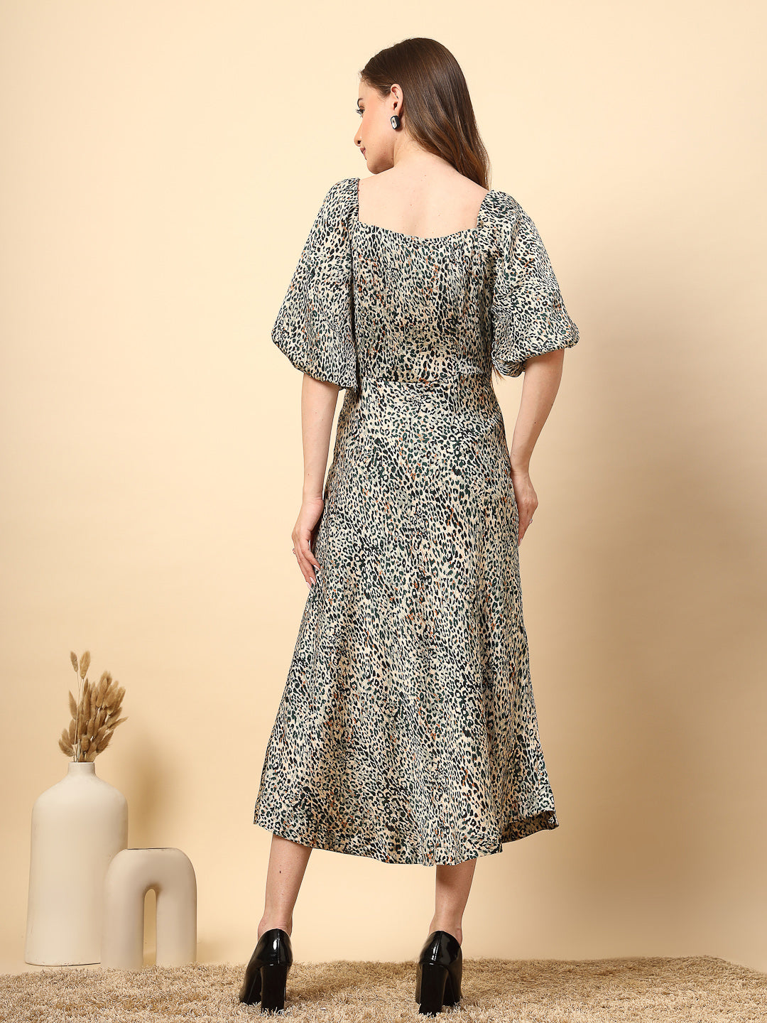 Bottle Green Animal Print Fabric Dress