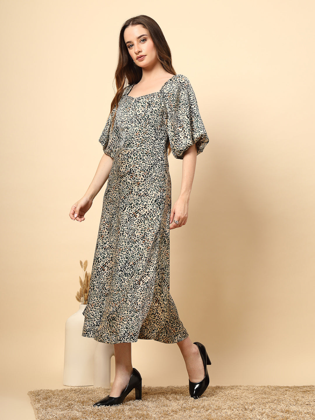 Bottle Green Animal Print Fabric Dress