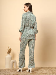 Gipsy Chic Green Co-Ord Set With Printed Fabric, Shine Button Details, And Front Knot