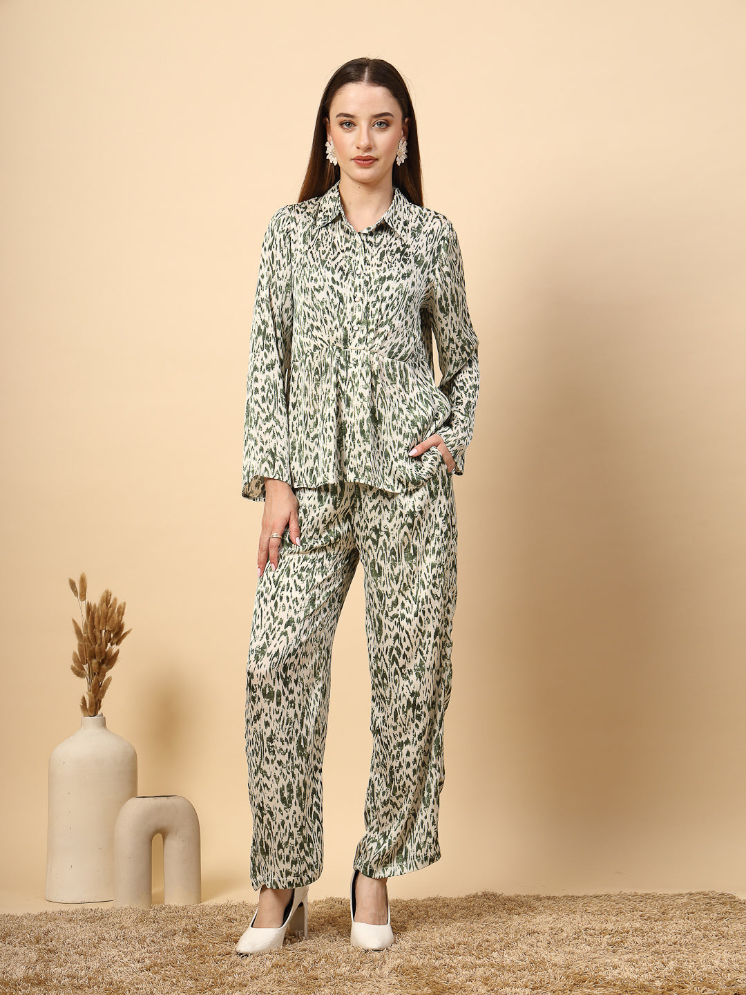 Green Co-Ord Set With Printed Fabric And Fancy Button