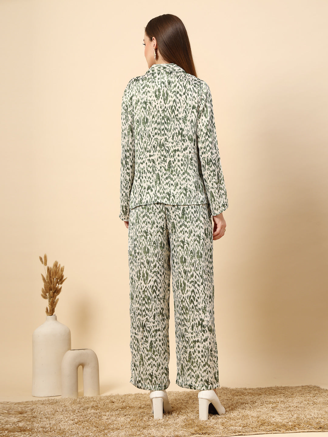 Green Co-Ord Set With Printed Fabric And Fancy Button