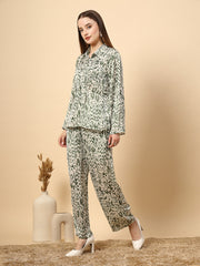 Green Co-Ord Set With Printed Fabric And Fancy Button