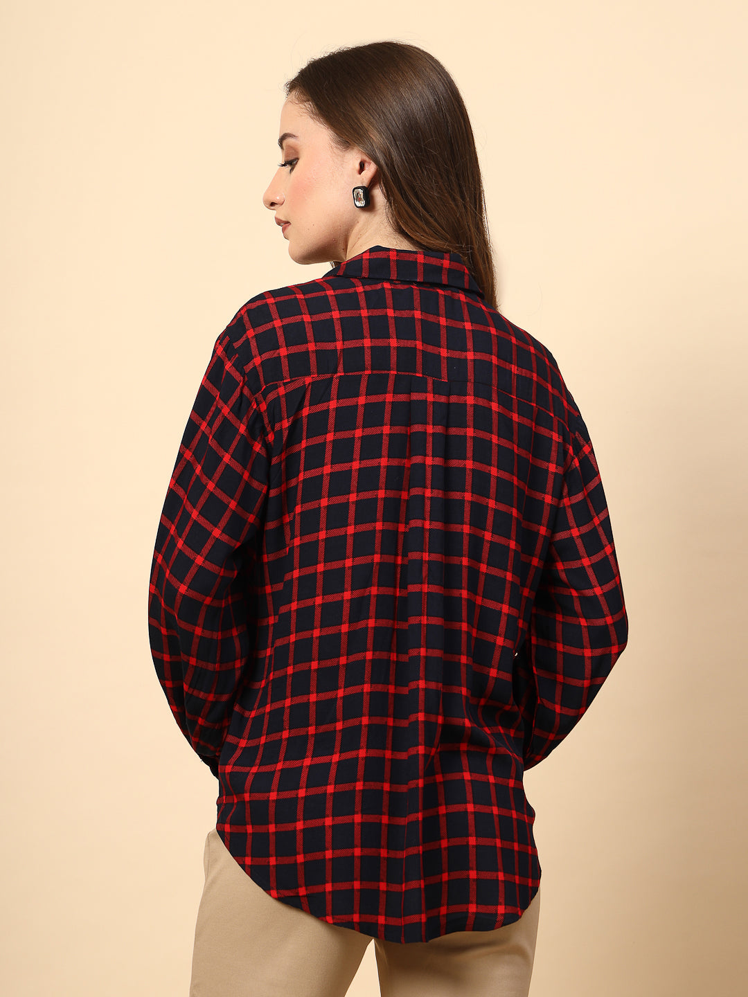 Red/Navy Rayon Shirt With Fbric Buttons And Embroidery