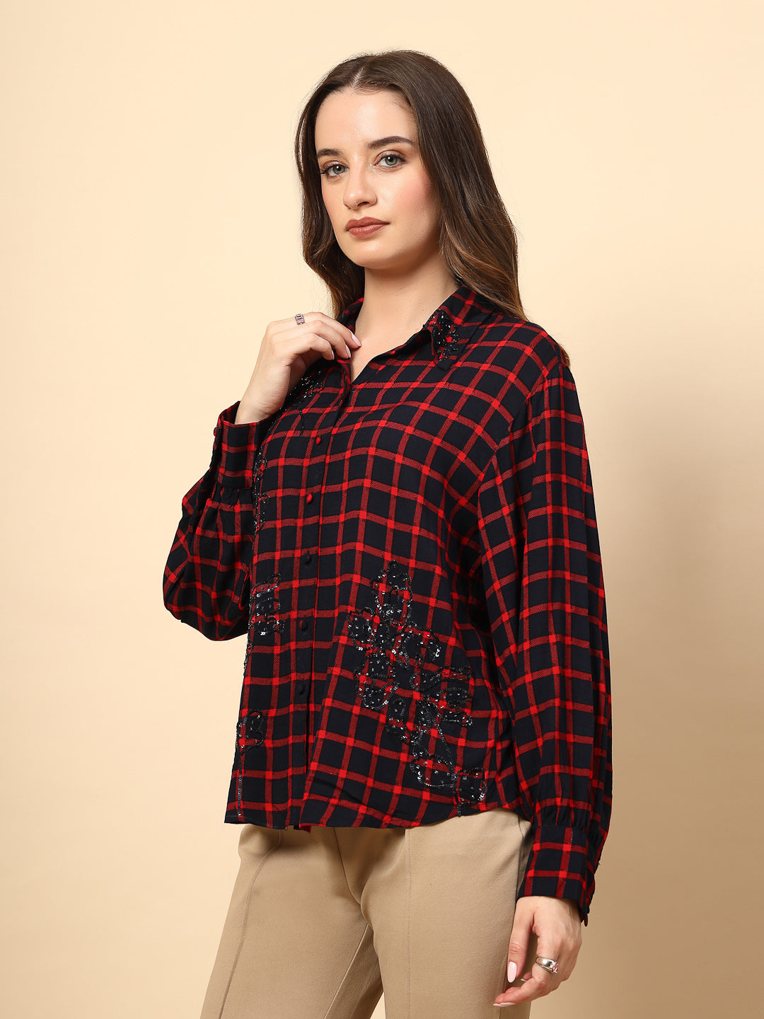 Red/Navy Rayon Shirt With Fbric Buttons And Embroidery