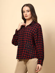 Red/Navy Rayon Shirt With Fbric Buttons And Embroidery