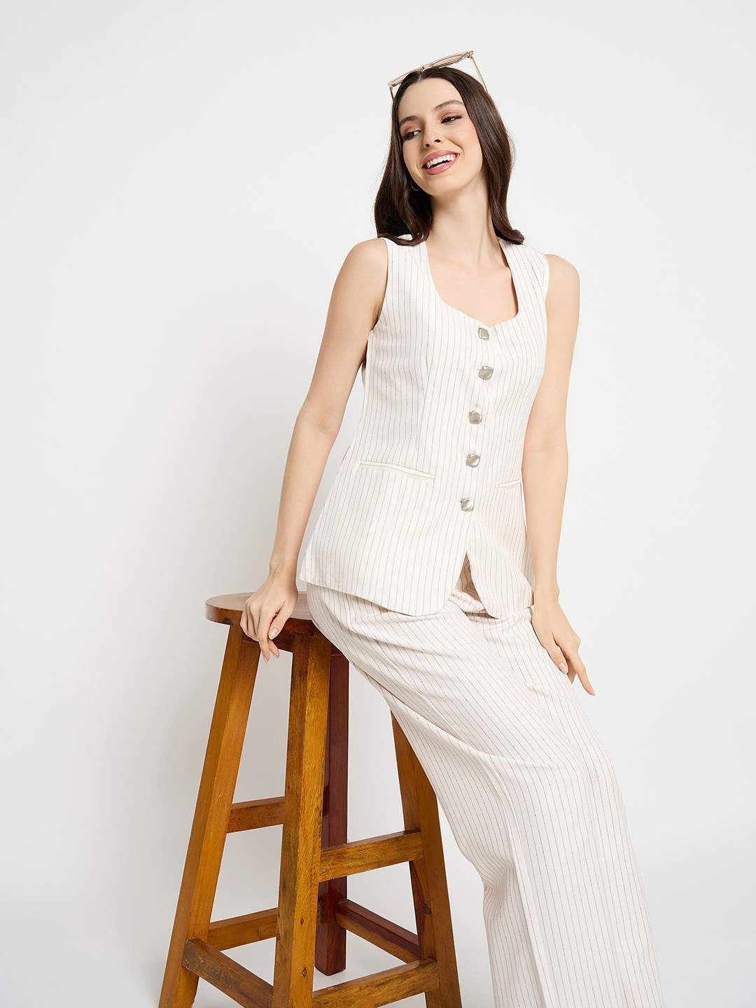 Madame Striped Top And Straight Bottoms Off White Co-Ord Set