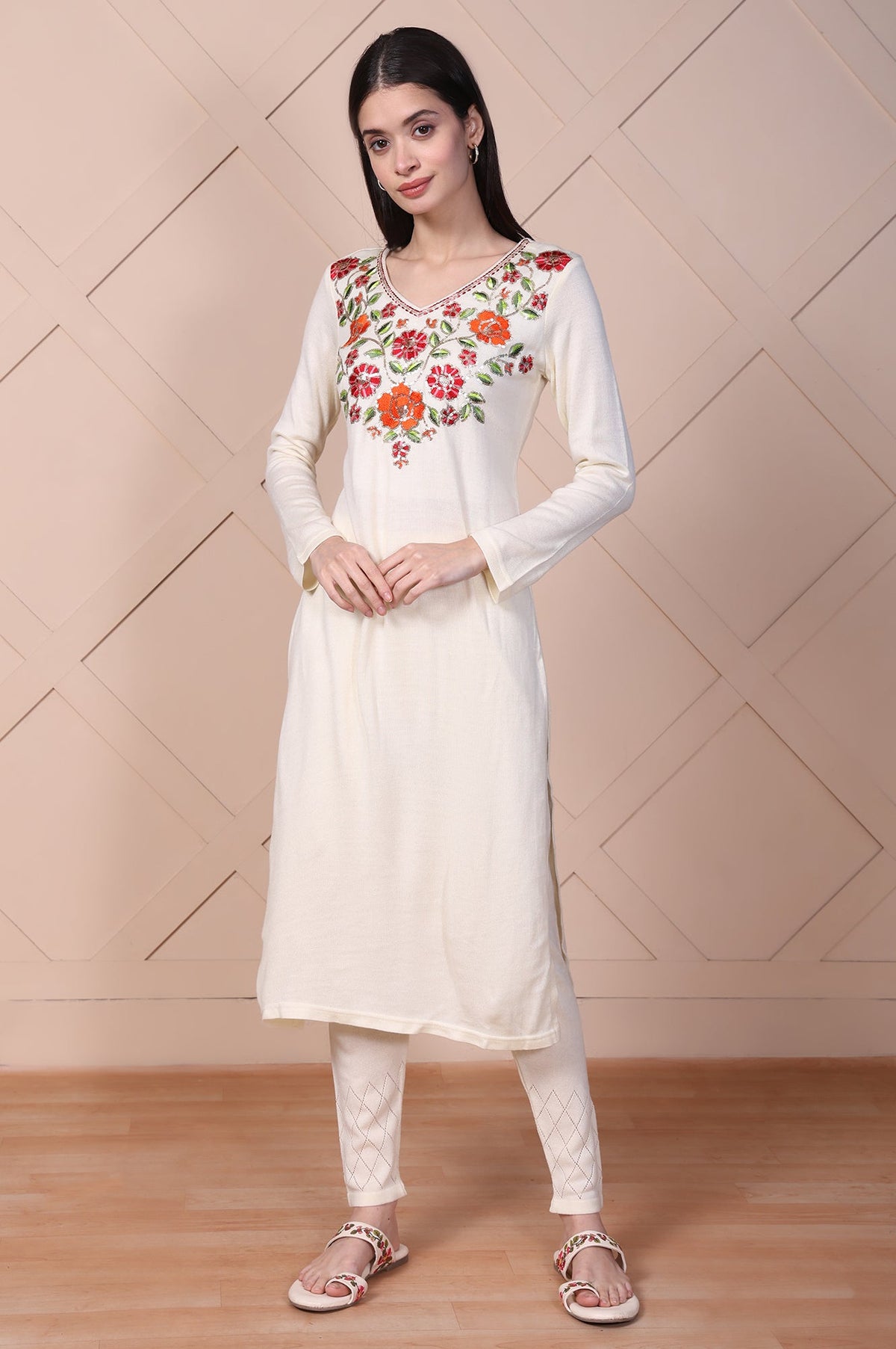 Off-White Embroidered Straight Acrylic Kurta