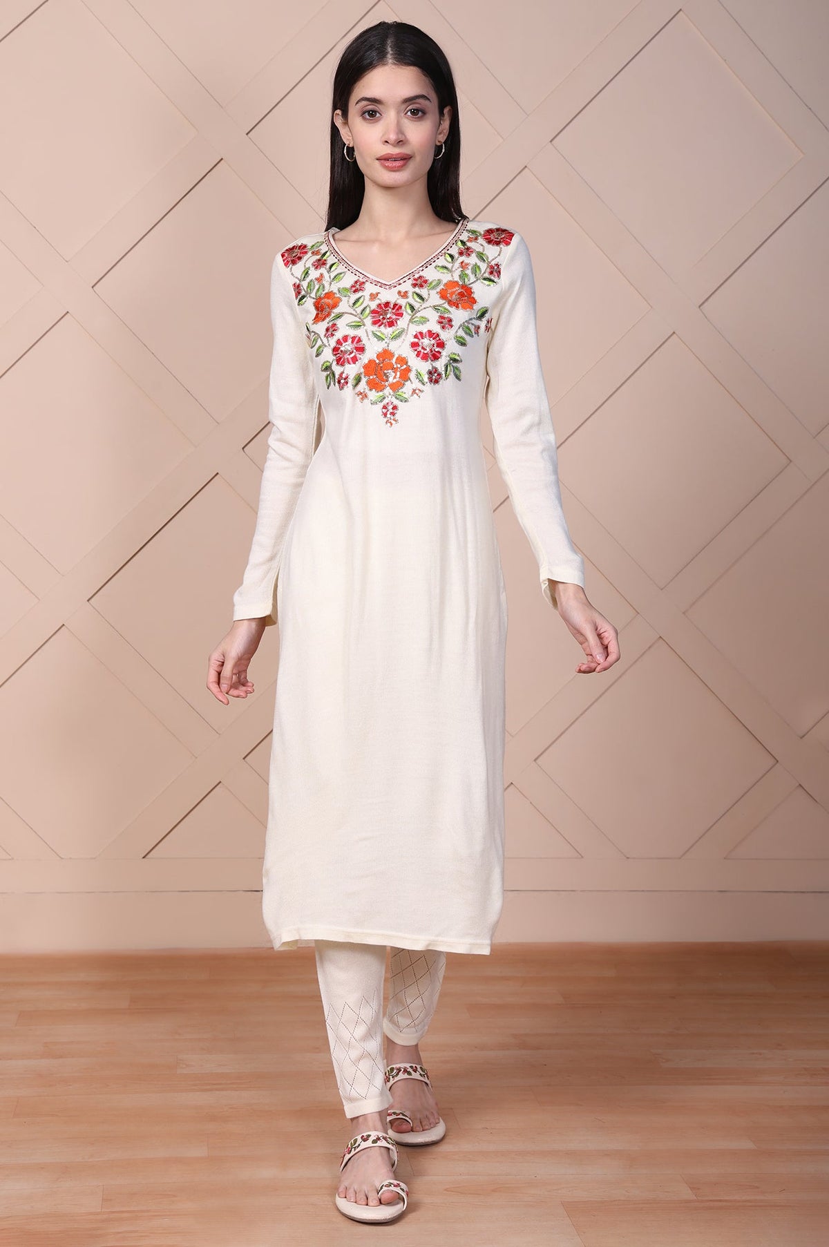 Off-White Embroidered Straight Acrylic Kurta
